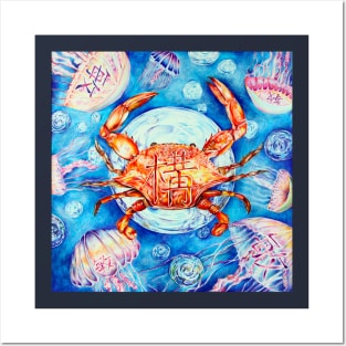 a crab and jellyfish Posters and Art